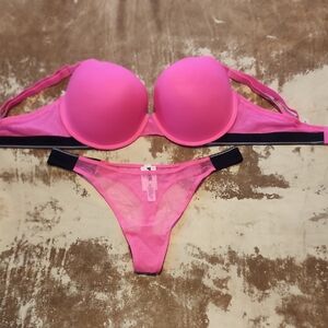 Pink VS Hot Pink and Black Bra and Panty Set. 36DD/M